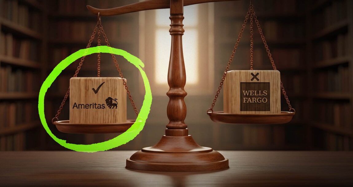 Image shows scales with Ameritas on the weighty end and Wells Fargo on the other