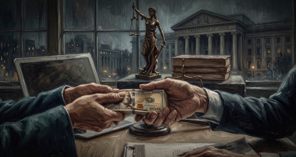 Image shows money changing hands in a judicial setting.