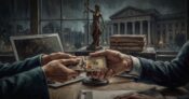 Image shows money changing hands in a judicial setting.