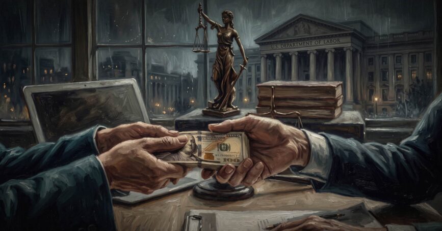 Image shows money changing hands in a judicial setting.