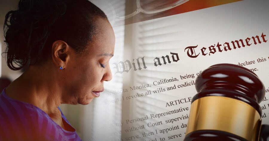 Image shows a woman and a last will and testament document