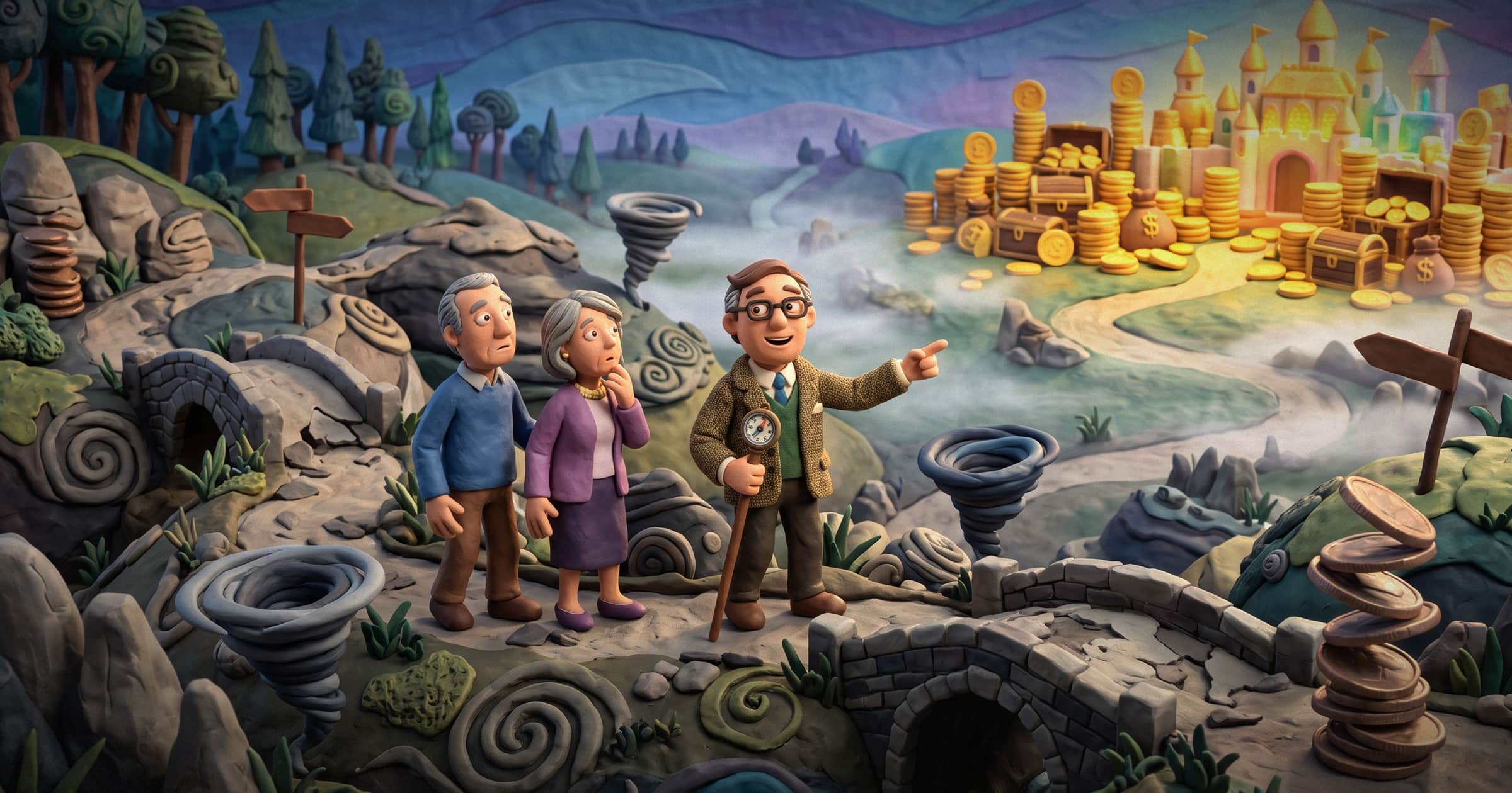 Image shows a man pointing a couple towards a golden path.