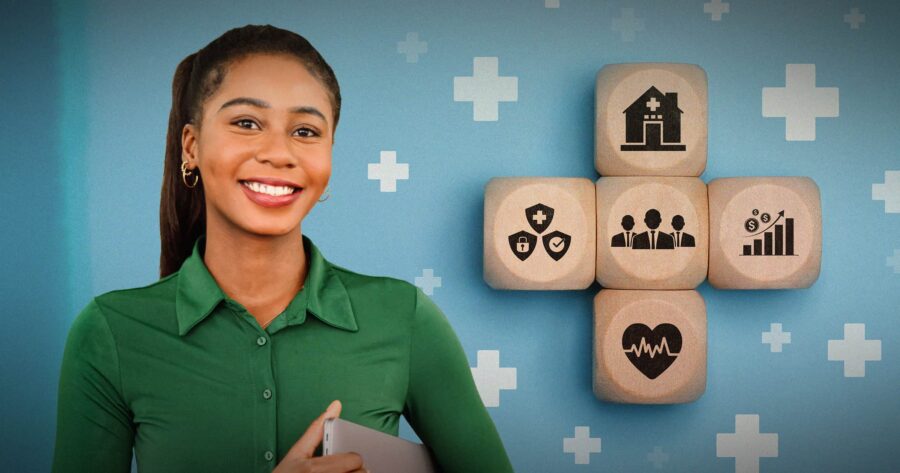 Image shows a woman with blocks of important goals.
