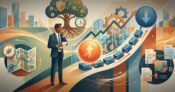 Cartoon image shows a man looking at a strong investment