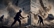 Image shows workers pounding rocks.
