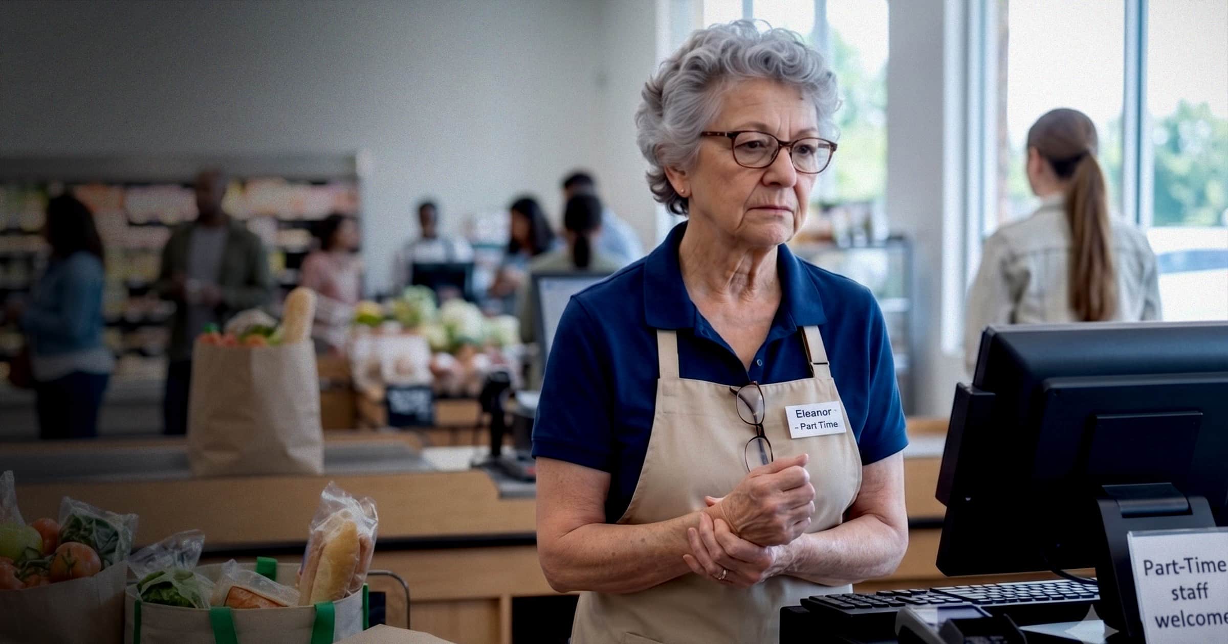 Image shows a woman running a cash register