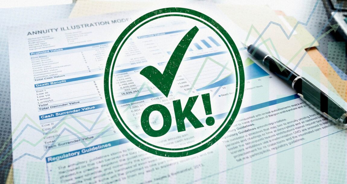 Image shows a giant OK! stamp over an annuity disclosure form