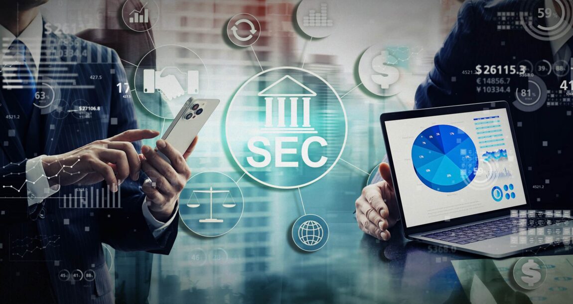 Image shows the SEC logo and a man with a laptop