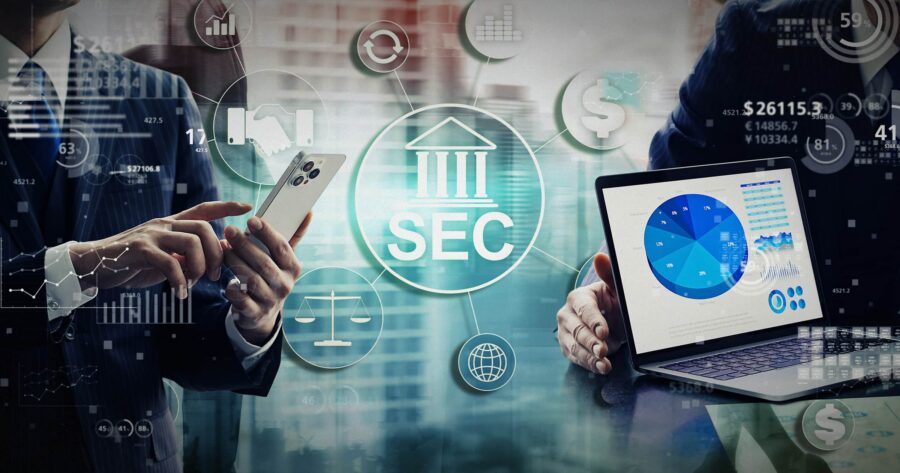 Image shows the SEC logo and a man with a laptop