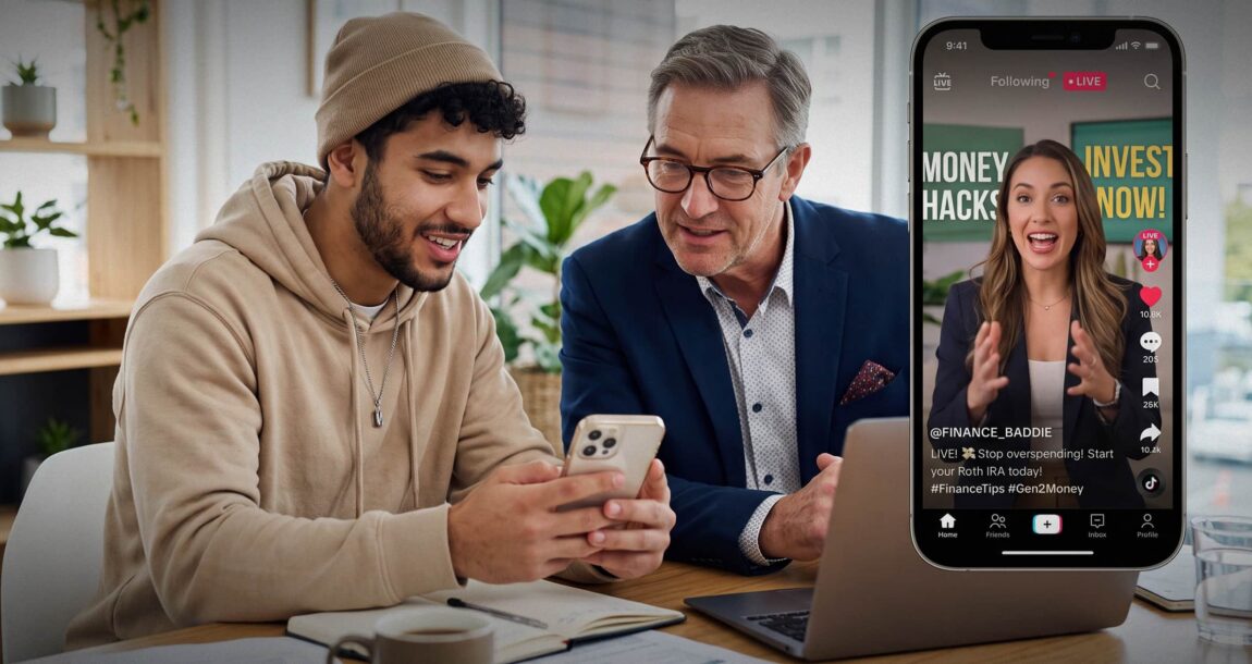 Image shows a young man showing an older man his Tik-Tok