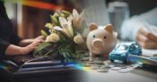 Image shows a piggy bank on a table.