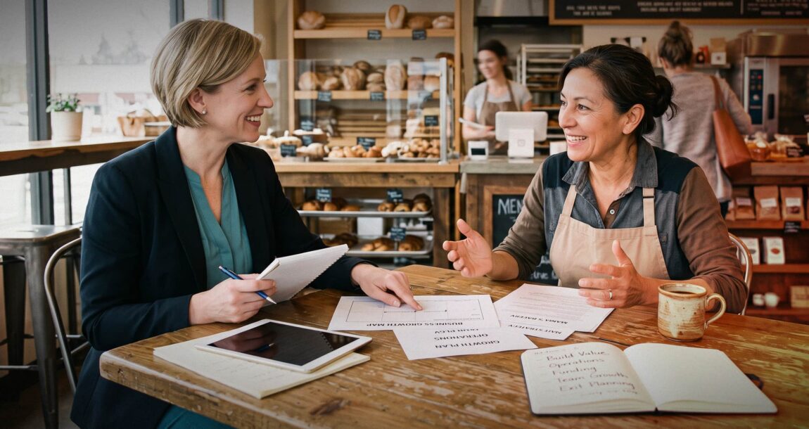 Image shows two woman talking.