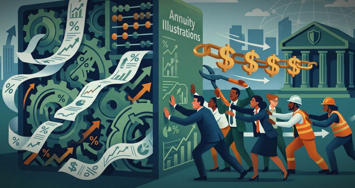 Image shows the sign "Annuity Illustration" and cartoon people chasing money