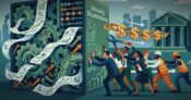 Image shows the sign "Annuity Illustration" and cartoon people chasing money