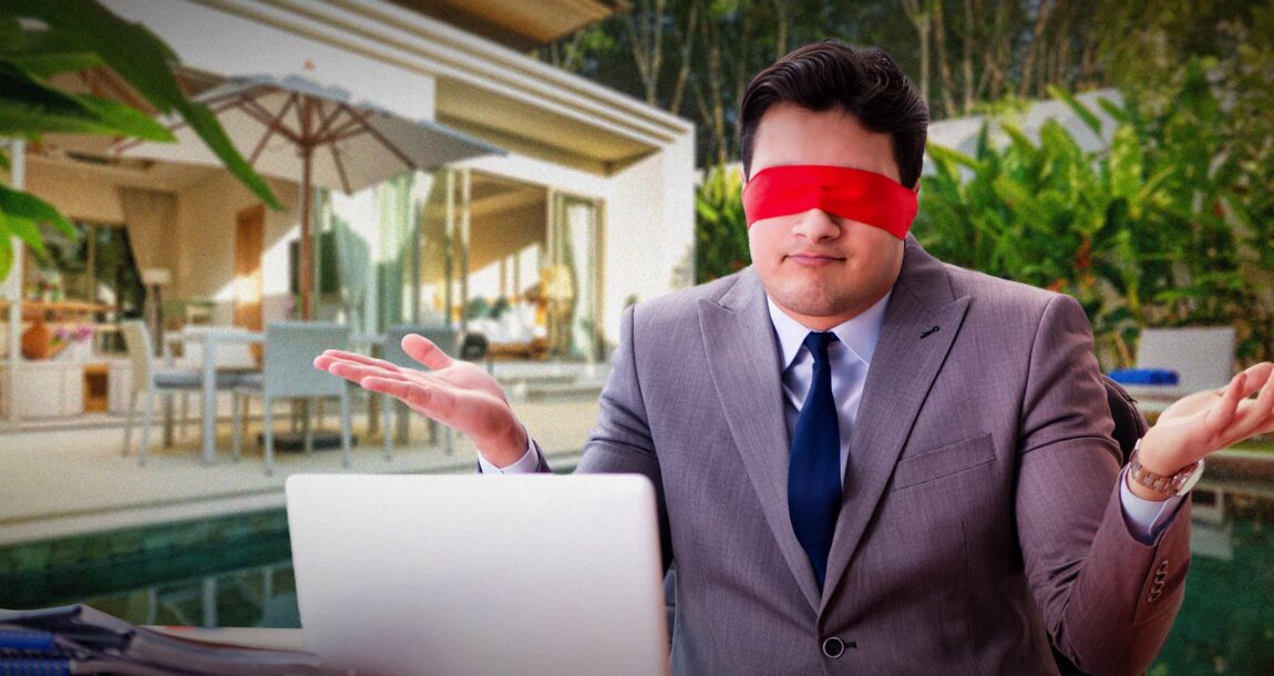 Image shows a man in a blindfold