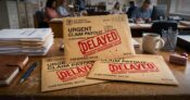Image shows several packages stamped, "Delayed."