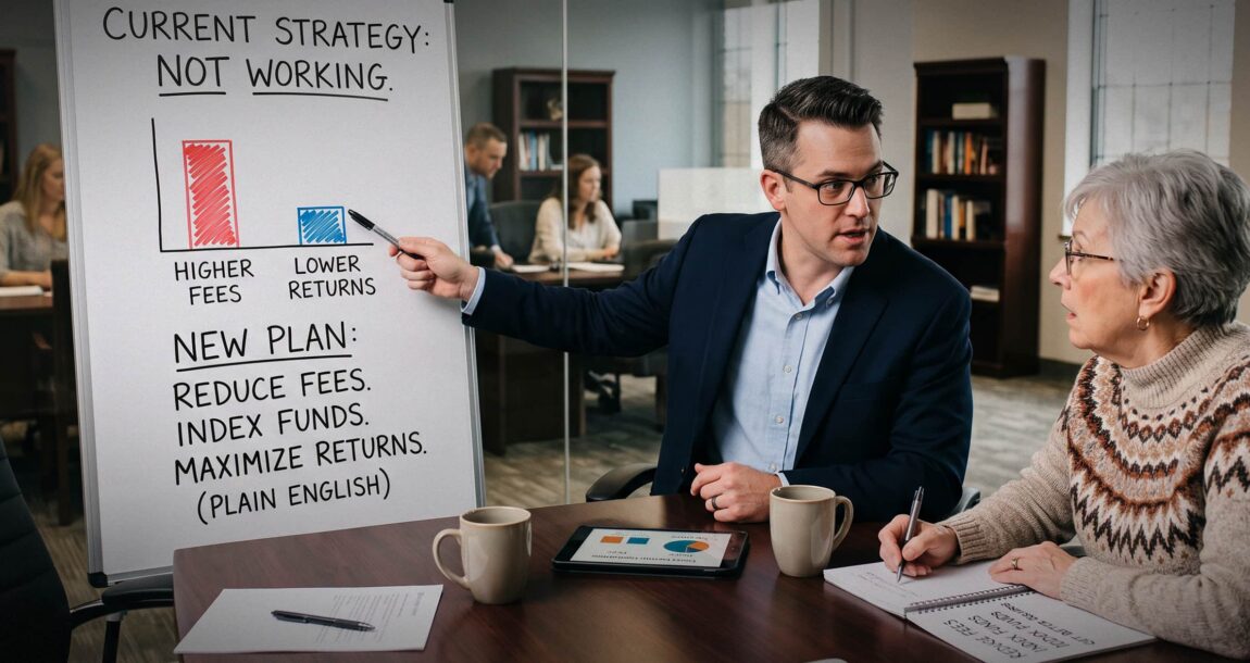 Image shows a man pointing to a chart.