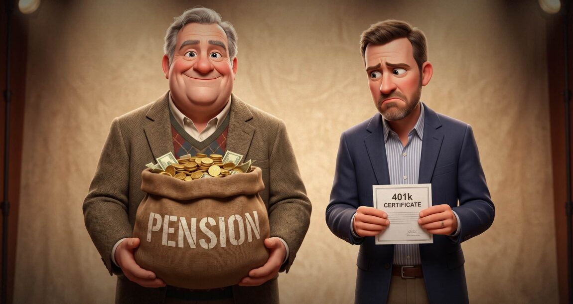 Image shows a happy man with a pension and an unhappy man with a 401(k).
