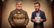 Image shows a happy man with a pension and an unhappy man with a 401(k).