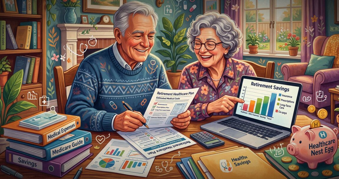 Cartoon image shows a couple looking at their financial plan