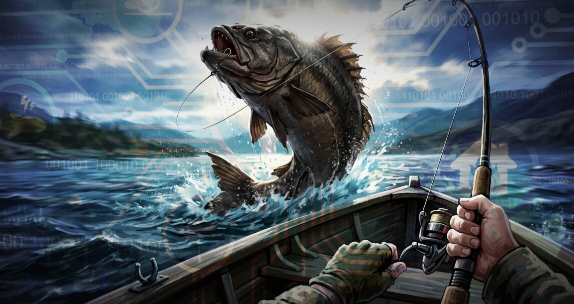 Image shows a fisherman hooking a big fish