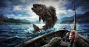 Image shows a fisherman hooking a big fish