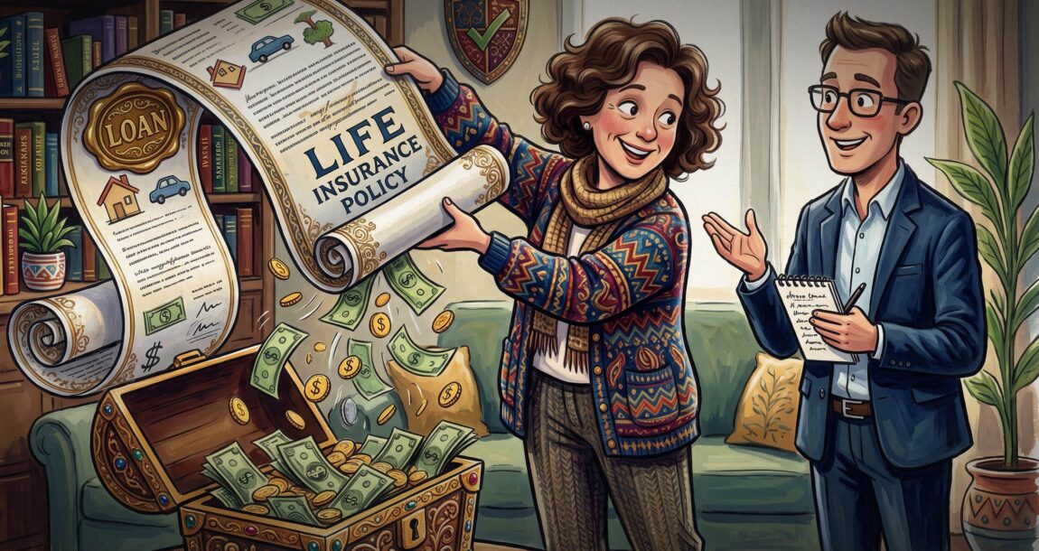 Cartoon image shows a woman holding a life insurance policy.