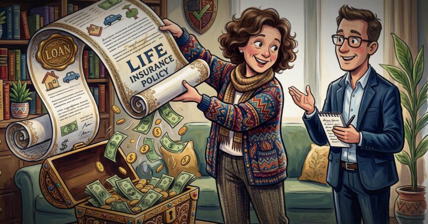 Cartoon image shows a woman holding a life insurance policy.