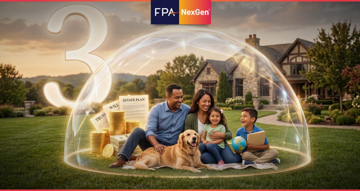 Image shows an outdoor scene with a family under a dome.