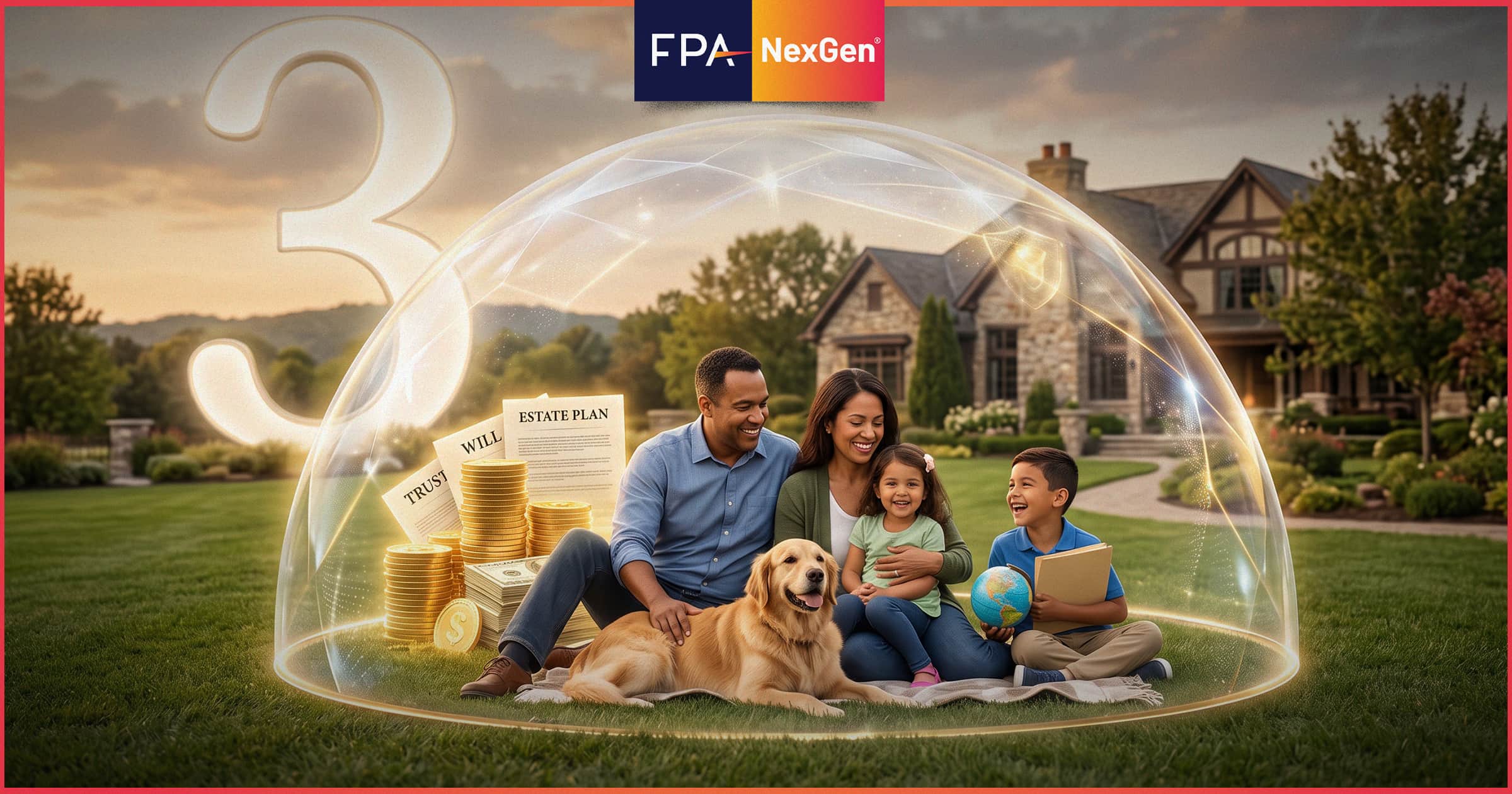 Image shows an outdoor scene with a family under a dome.