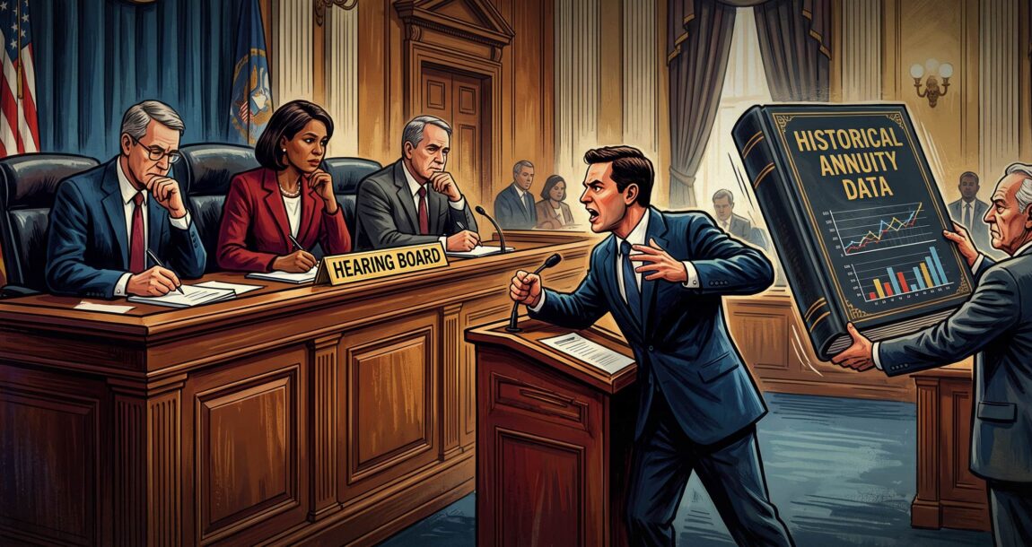 Image shows a man arguing before a three-judge panel,