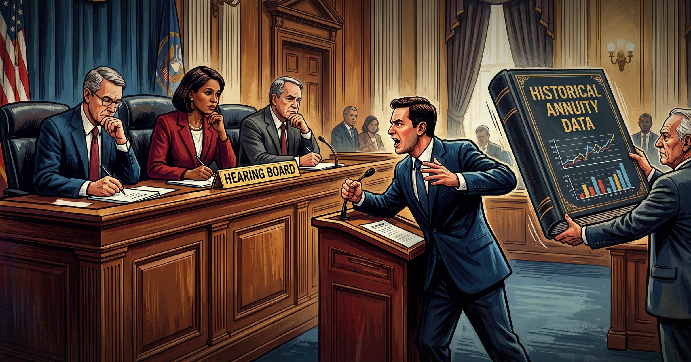 Image shows a man arguing before a three-judge panel,