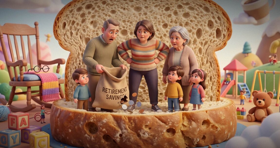 Image shows a cartoon family between two pieces of bread, with dad holding a leaky bag.