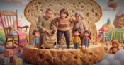 Image shows a cartoon family between two pieces of bread, with dad holding a leaky bag.