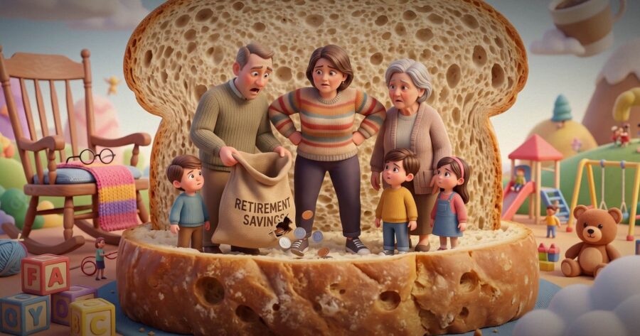 Image shows a cartoon family between two pieces of bread, with dad holding a leaky bag.