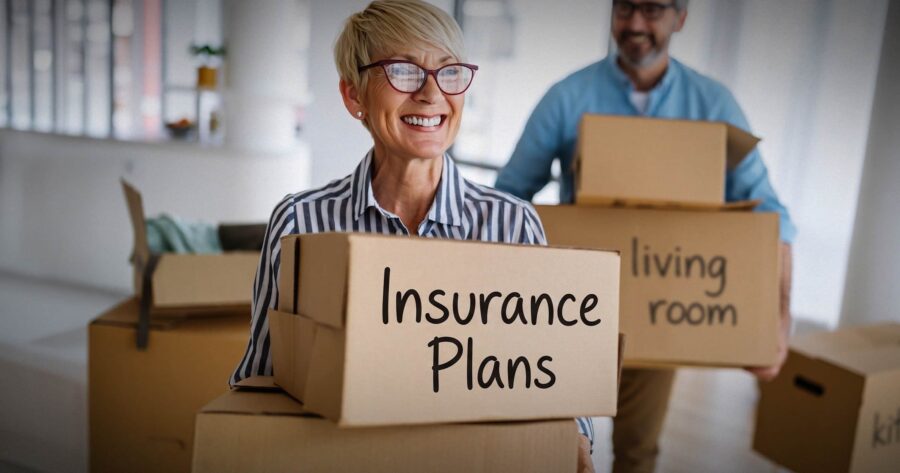 Image shows a family carrying boxes labeled as financial and insurance plans.