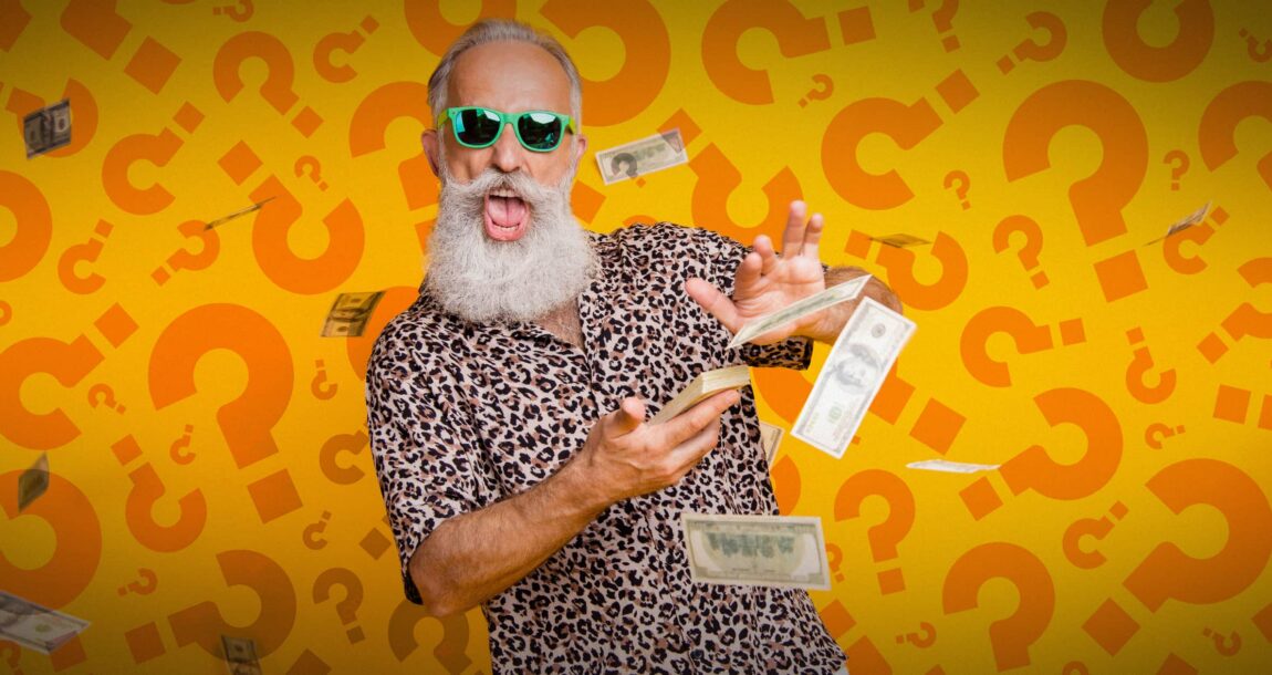 Image shows a bearded man happily spreading money around