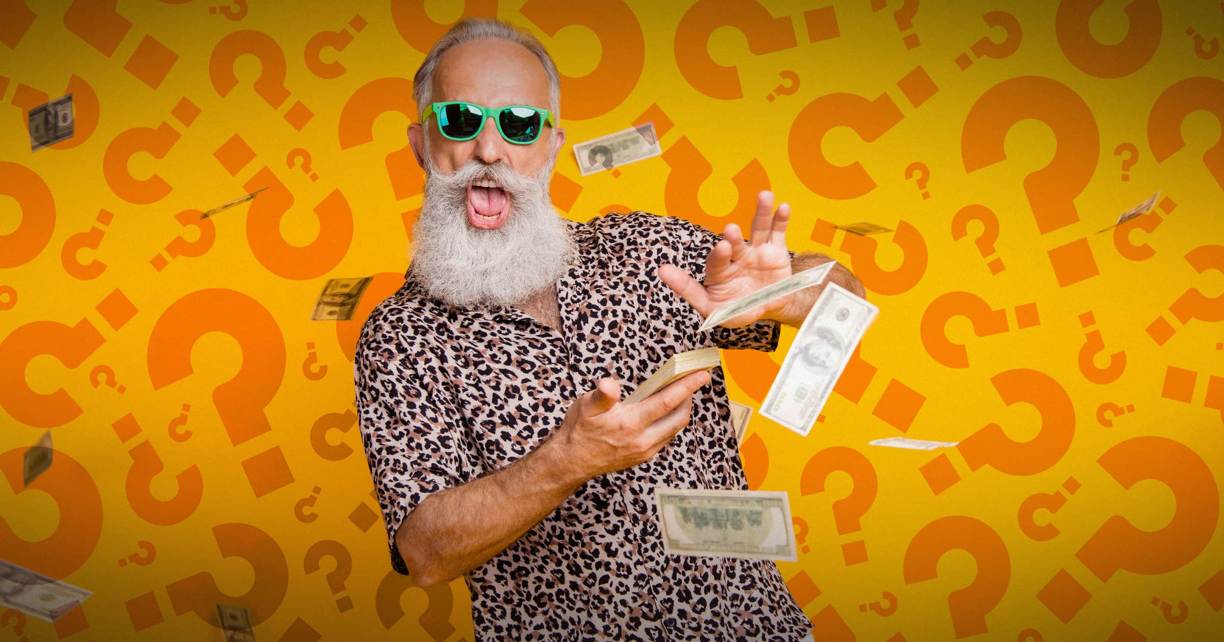 Image shows a bearded man happily spreading money around