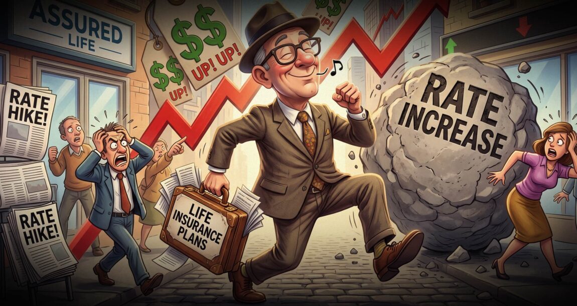 Image shows a caricature of a happy insurance agent.