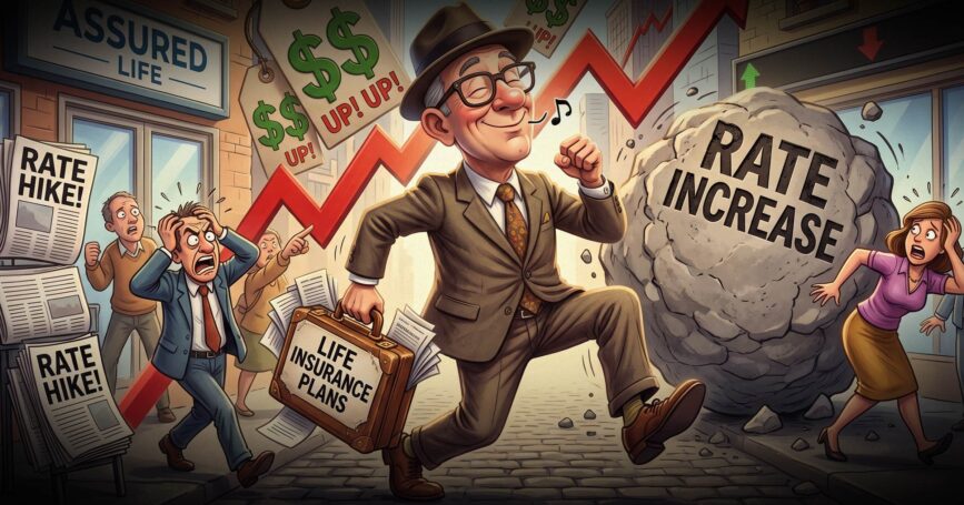 Image shows a caricature of a happy insurance agent.
