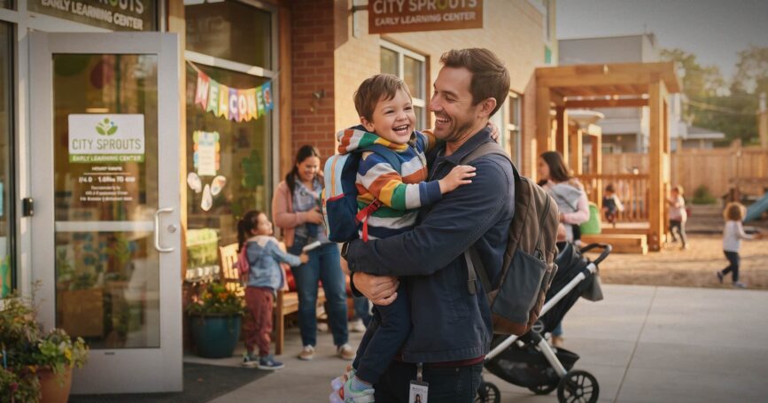 Image shows a man carrying a boy