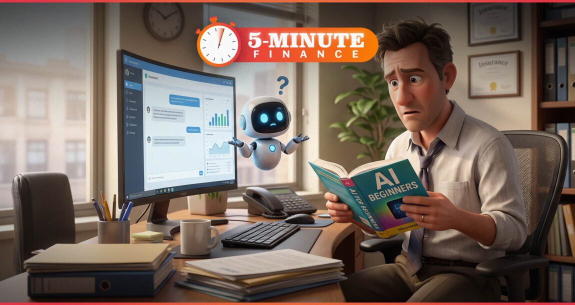 Image shows a man reading a book about AI