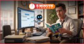 Image shows a man reading a book about AI