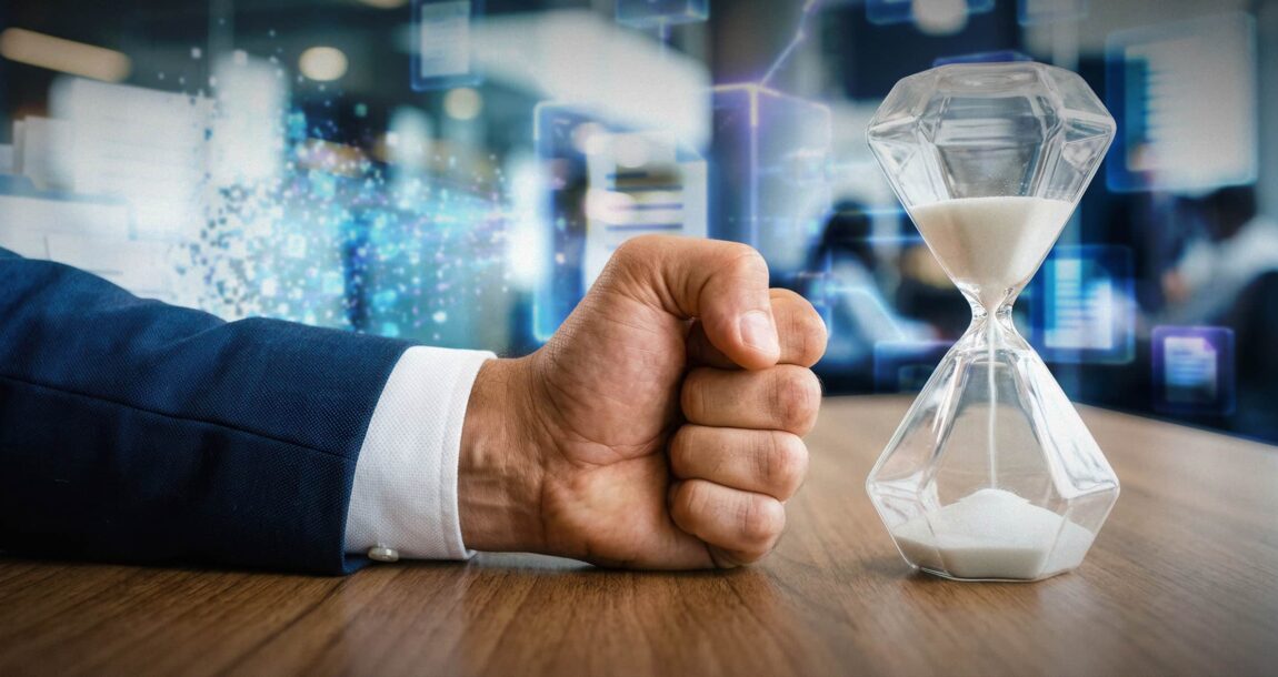 Image shows a man's fist and an hourglass filled with sand