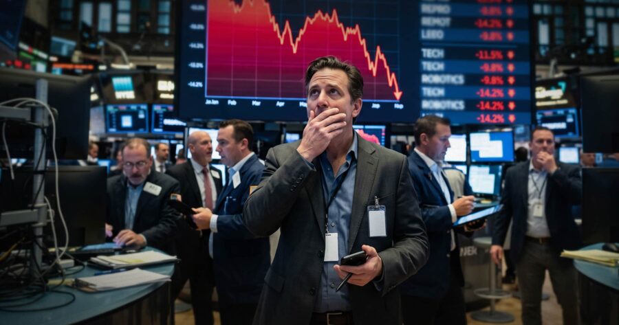 Image shows a stockbroker with his hand over his mouth.