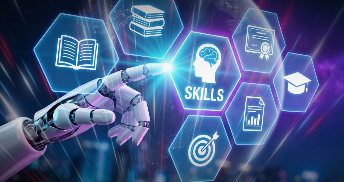 Image shows a finger pointing at a "skills" button