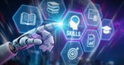 Image shows a finger pointing at a "skills" button